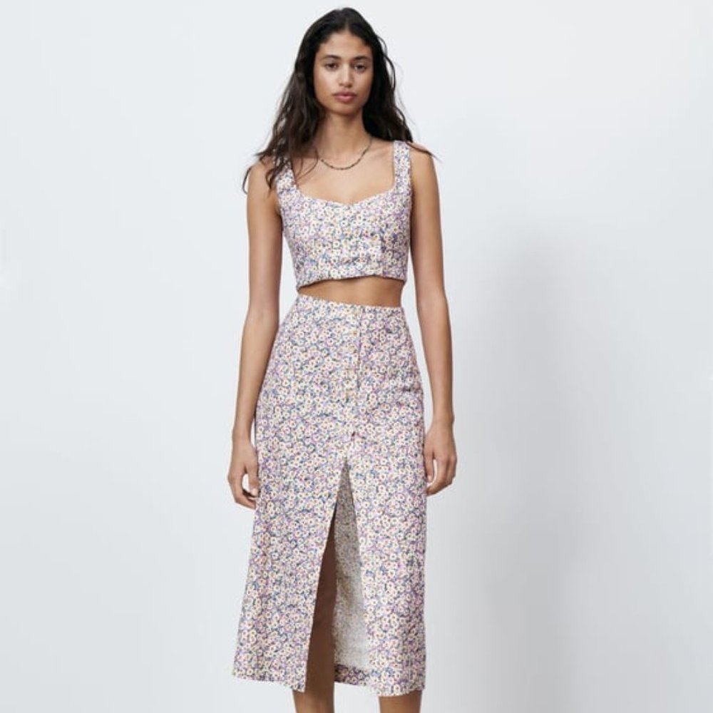Zara Linen Blend Floral Printed Crop Top & Skirt Set